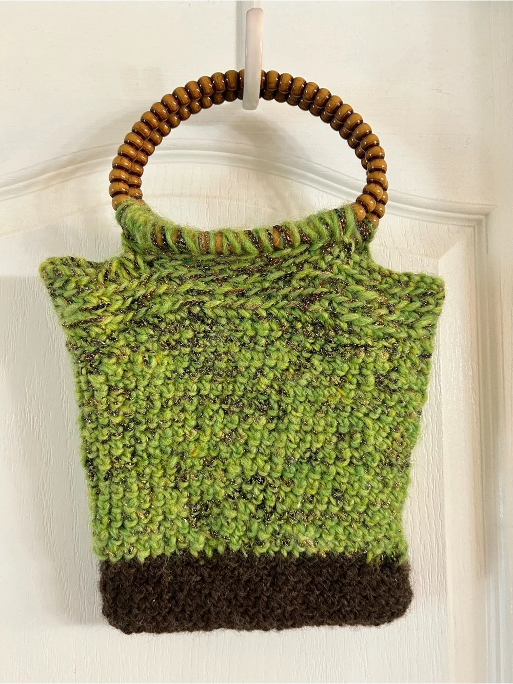Handmade Green Knit Tote satchel with Wooden Beaded Handles
